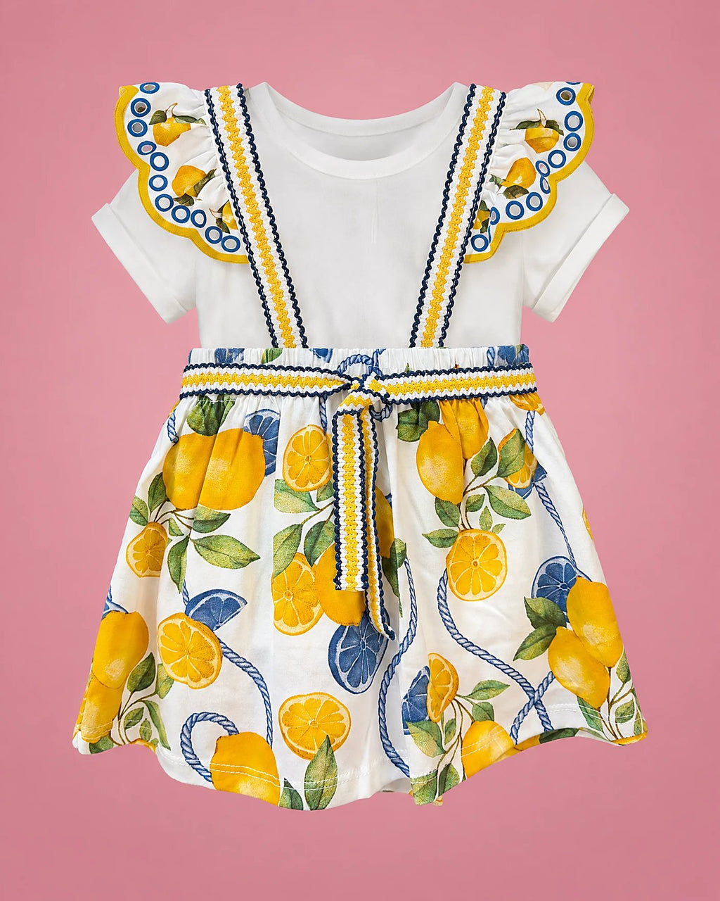 Conjunto de camiseta blanca y short de limones con tirantes para niña, set completo con camiseta y short de frente | JR Baby Center