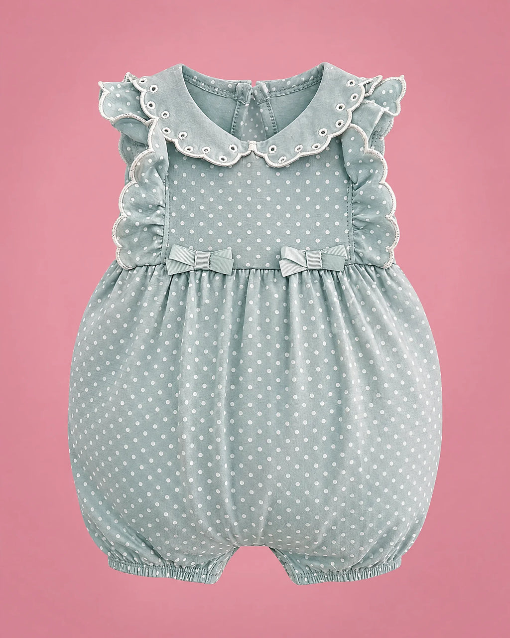 Aqua de lunares para bebé niña, detalle del cuello y los lacitos | JR Baby Center
