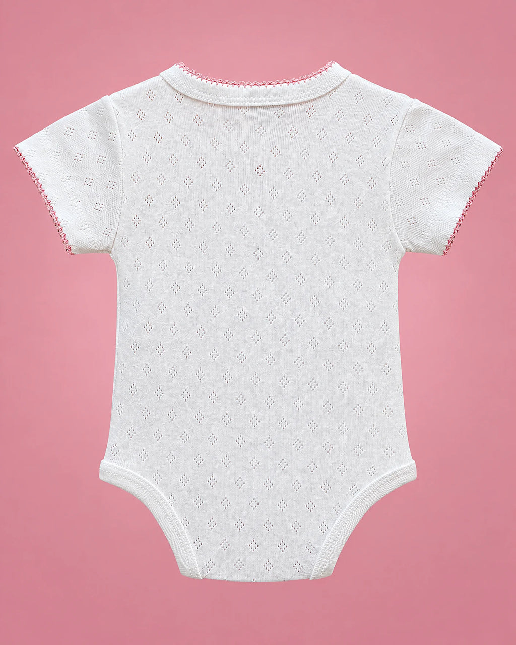Body cruzado blanco calado con ribete rosado para bebé niña, vista de espalda | JR Baby Center