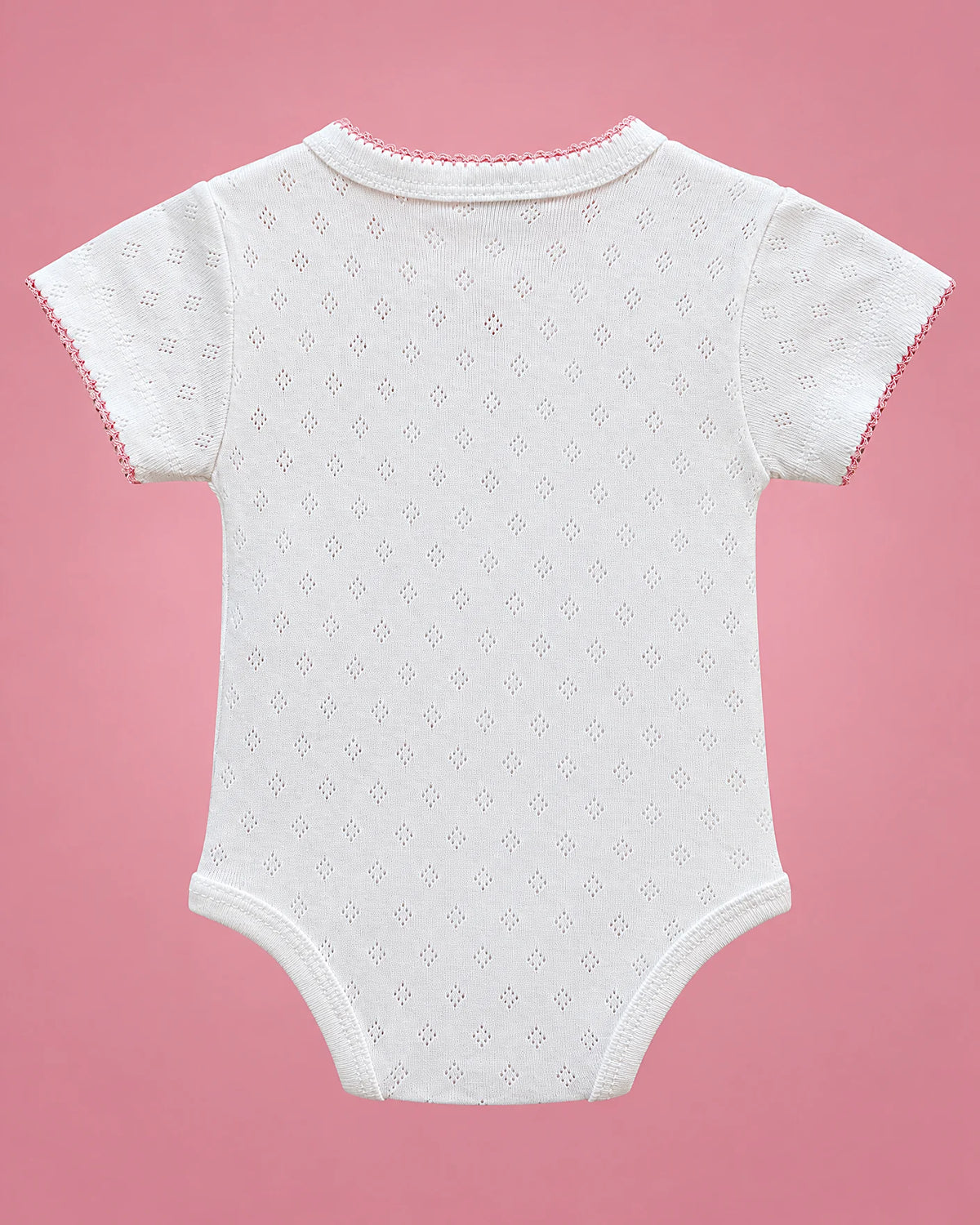 Body cruzado blanco calado con ribete rosado para bebé niña, vista de espalda | JR Baby Center