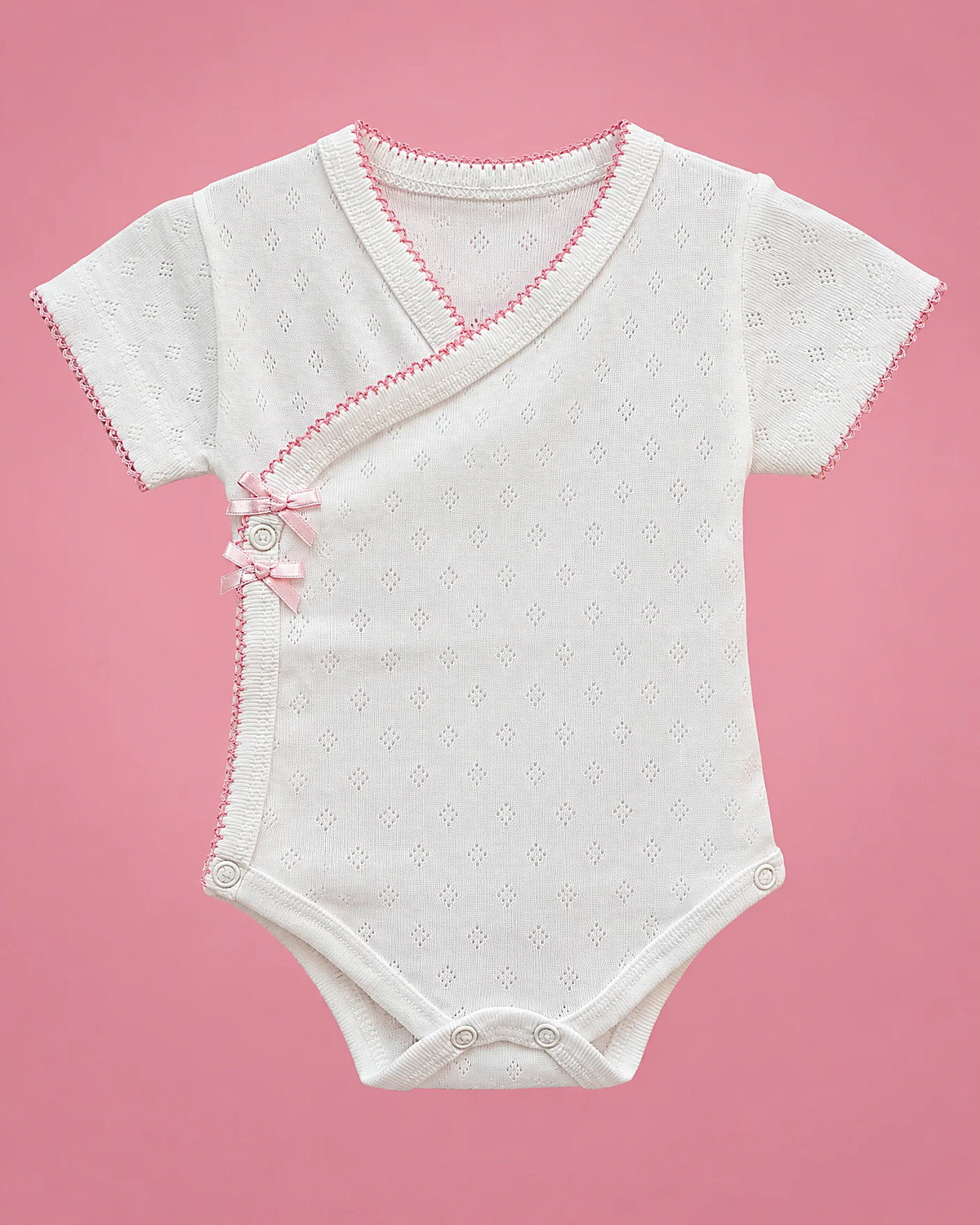 Body cruzado blanco calado con ribete rosado para bebé niña, vista de frente | JR Baby Center