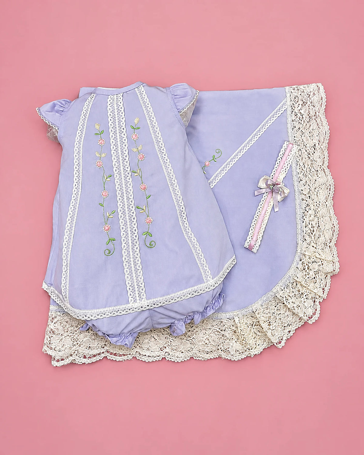 Conjunto de algodón lila con encaje y flores bordadas para bebé niña, set completo | JR Baby Center