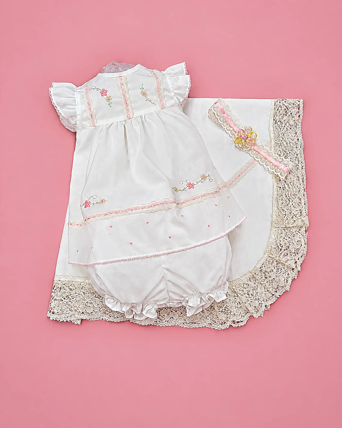 Set de algodón blanco con flores rosadas, manta y diadema para bebé niña, set completo | JR Baby Center