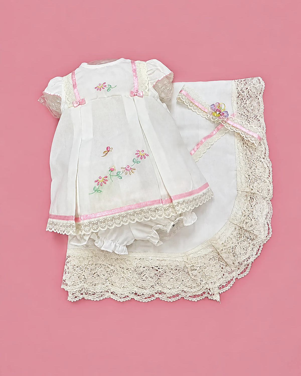 Set blanco de algodón con lazos rosados y mariposa bordada para bebé niña, set completo | JR Baby Center