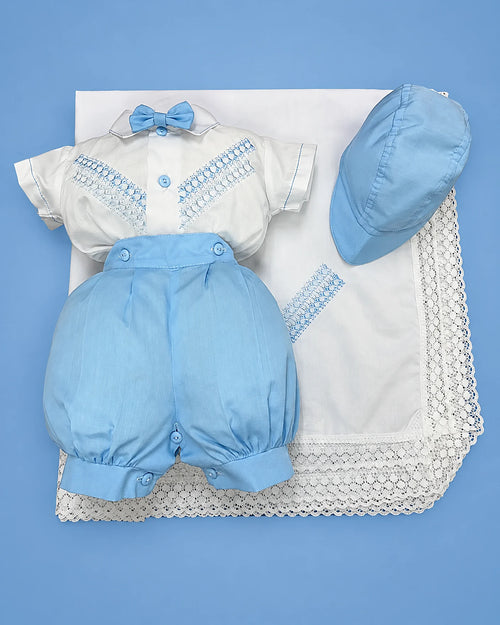 Conjunto de algodón con corbatín celeste, gorrita y manta para bebé niño, set completo | JR Baby Center
