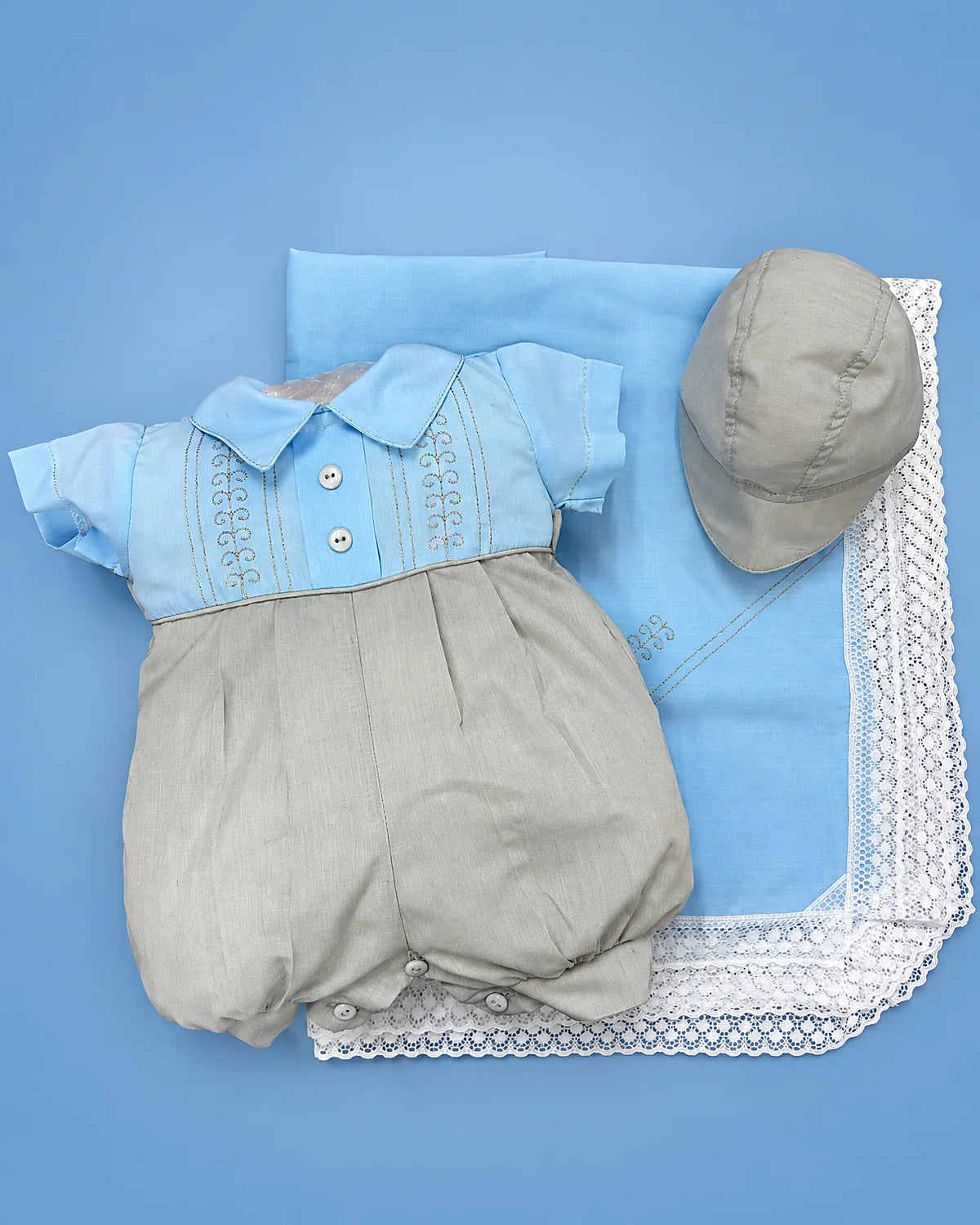 Set D'Vanty de algodón celeste y gris para recién nacido, set completo | JR Baby Center