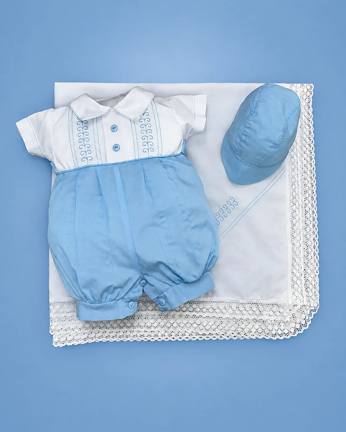 Set D'Vanty de algodón blanco y azul para recién nacido, vista de frente | JR Baby Center