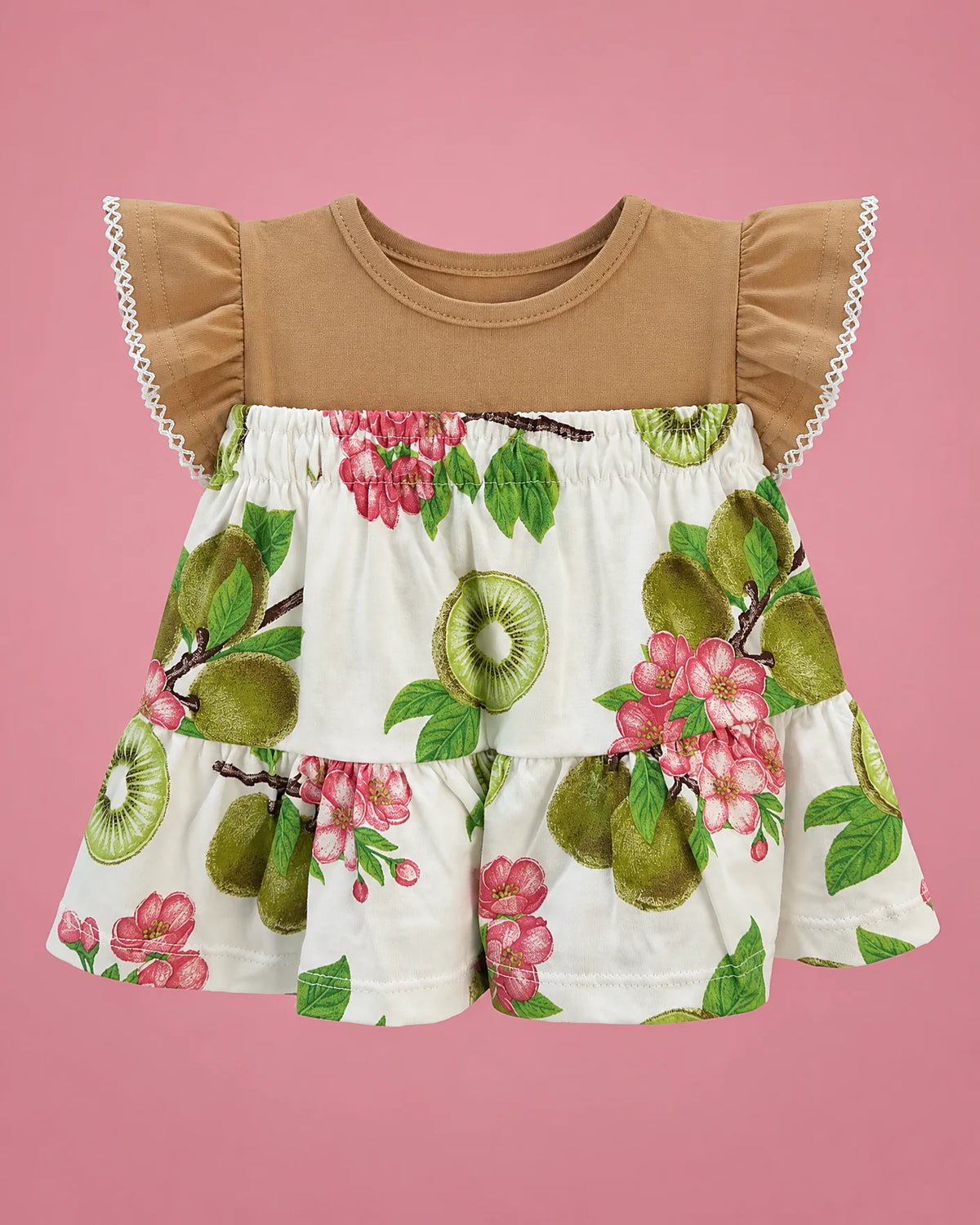 Conjunto de blusa beige con kiwis y short de frutas y flores para niña, short estampado con blusa | JR Baby Center