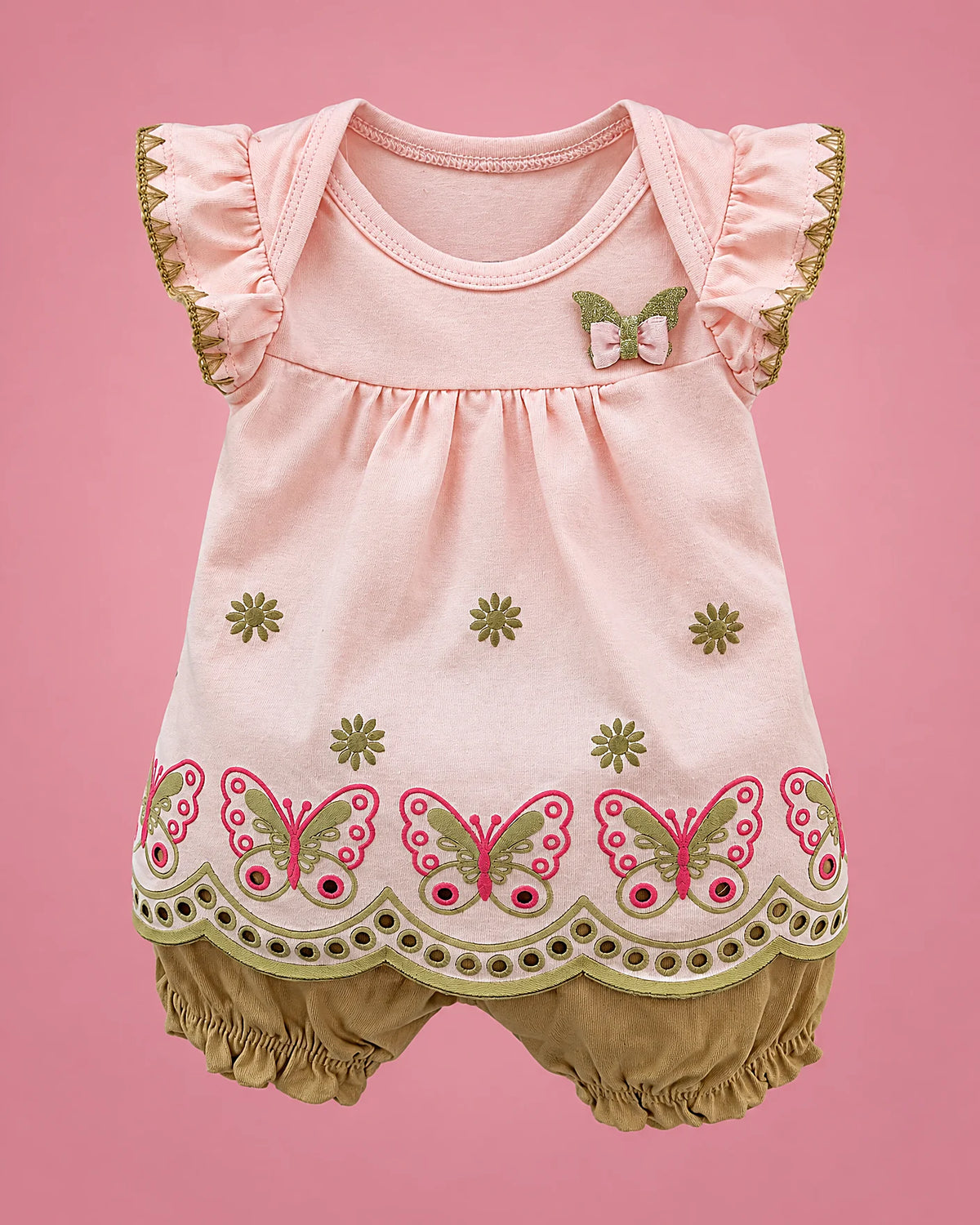 Conjunto de blusa rosada con mariposas y bombacho caqui para bebé niña, vista de frente | JR Baby Center