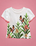 Conjunto de camiseta blanca con pajaritos y short coral para niña, camiseta de frente | JR Baby Center