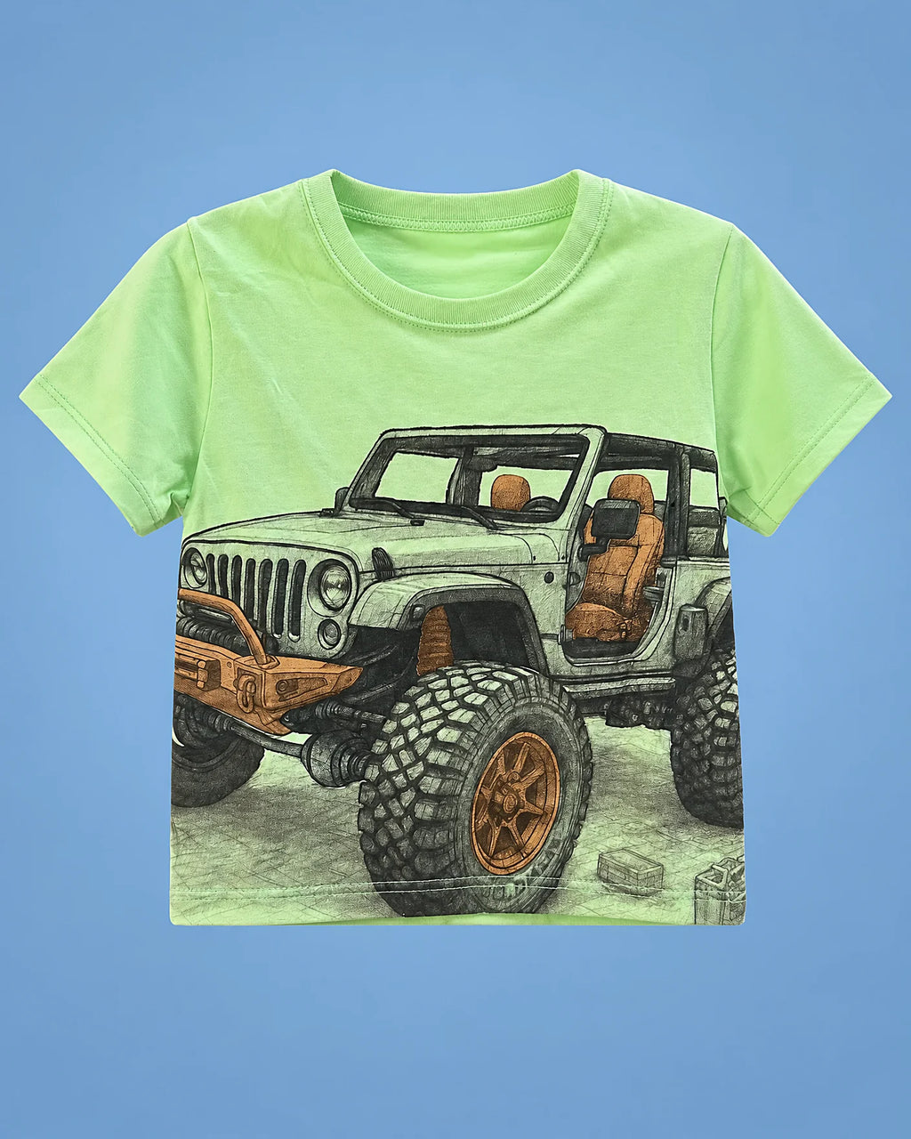 Conjunto de camiseta verde neón con todoterreno y short negro para niño, camiseta, vista de frente | JR Baby Center