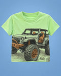 Conjunto de camiseta verde neón con todoterreno y short negro para niño, camiseta, vista de frente | JR Baby Center