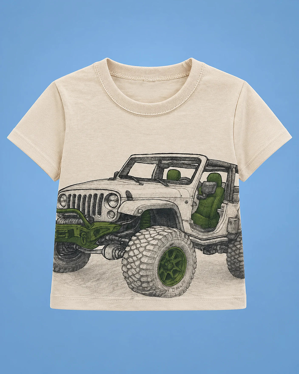 Conjunto de camiseta crema con todoterreno y short verde olivo para niño, camiseta, vista de frente | JR Baby Center