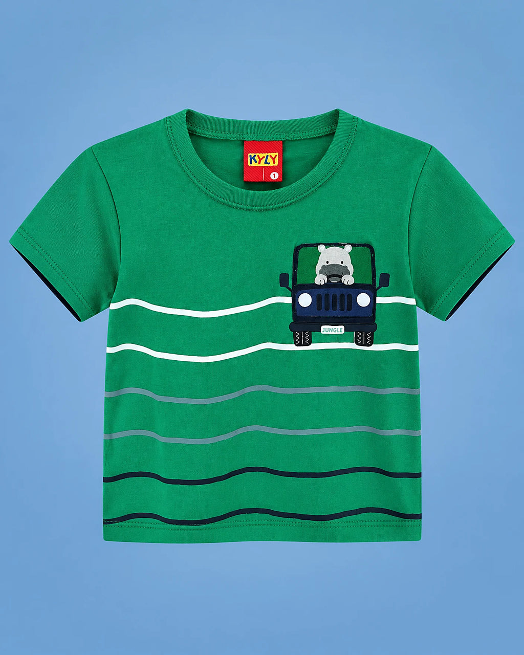 Conjunto de camiseta verde con hipopótamo y short azul marino para niño, camiseta, vista de frente | JR Baby Center
