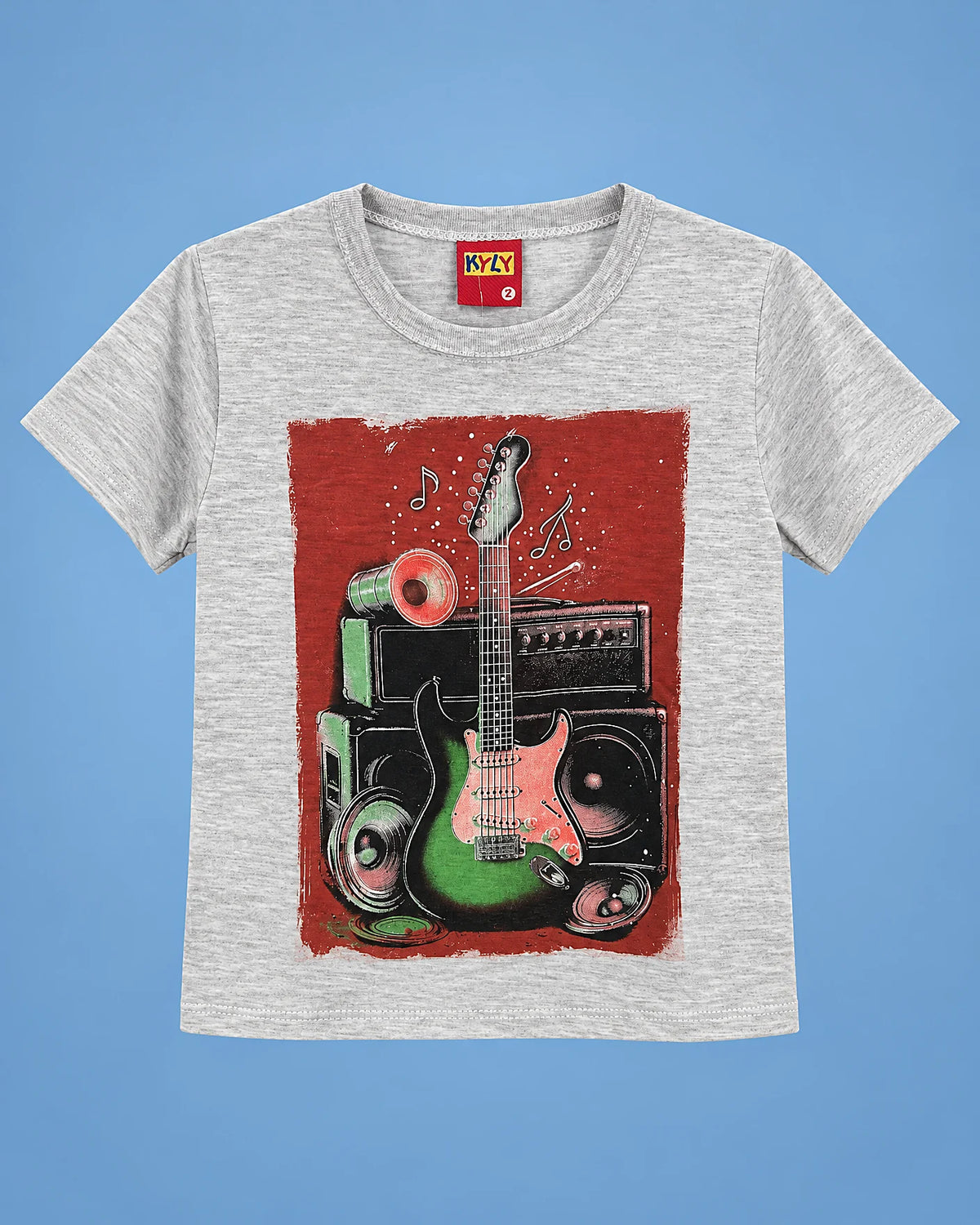 Conjunto de camiseta gris con guitarra y short terracota para niño, camiseta, vista de frente | JR Baby Center