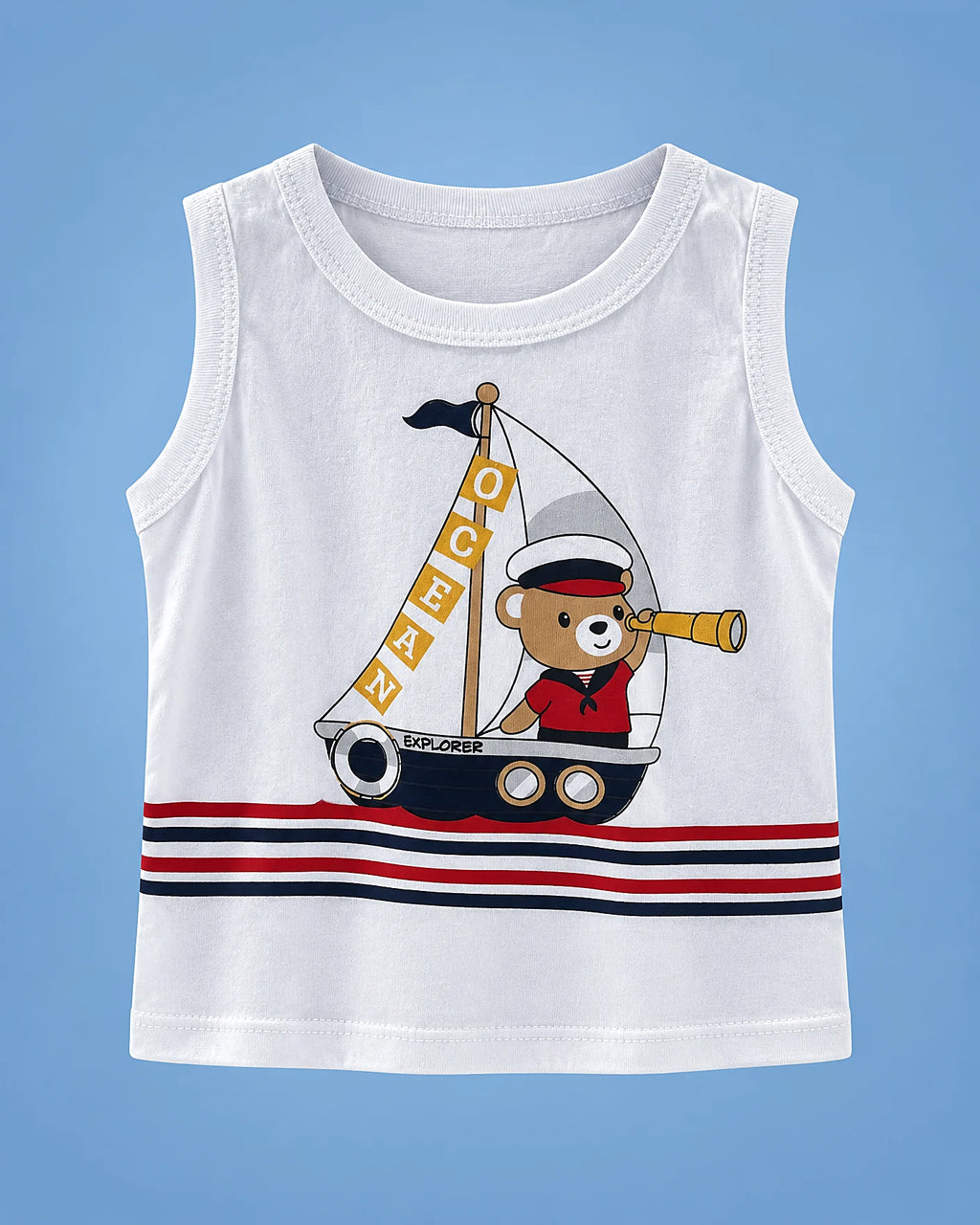Conjunto de camisilla blanca con osito marinero y short rojo para niño, camiseta, vista de frente | JR Baby Center