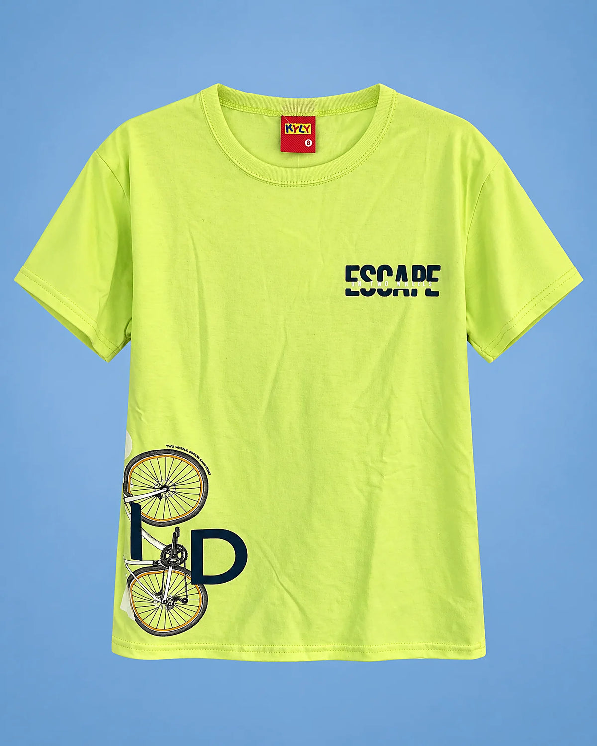 Conjunto Escape de camiseta verde lima con bicicleta y short azul para niño, camiseta, vista de frente | JR Baby Center