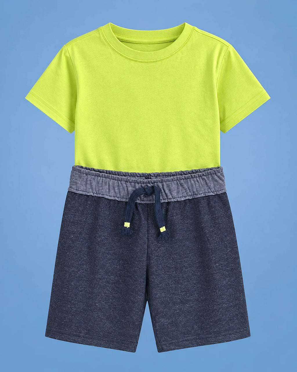 Conjunto Escape de camiseta verde lima con bicicleta y short azul para niño, camiseta y short, set completo | JR Baby Center