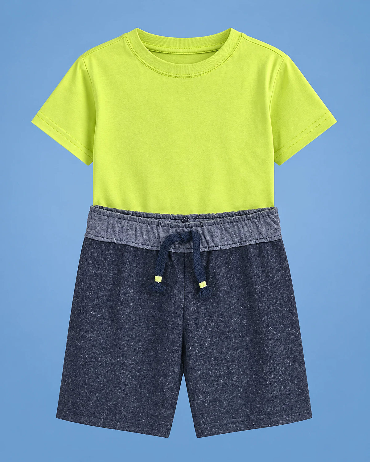 Conjunto Escape de camiseta verde lima con bicicleta y short azul para niño, camiseta y short, set completo | JR Baby Center