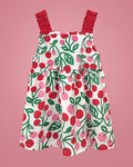 Vestido de cerezas con tirantes rojos para niña, vista de frente | JR Baby Center