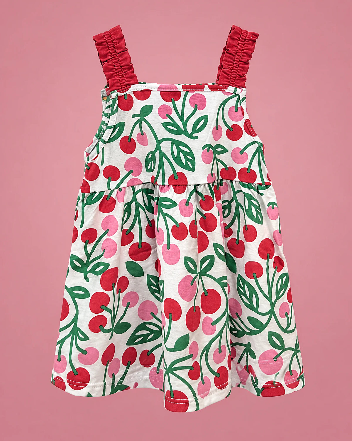 Vestido de cerezas con tirantes rojos para niña, vista de frente | JR Baby Center