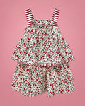 Conjunto de blusa y short de cerezas con tirantes a rayas para niña, set completo vista de frente | JR Baby Center