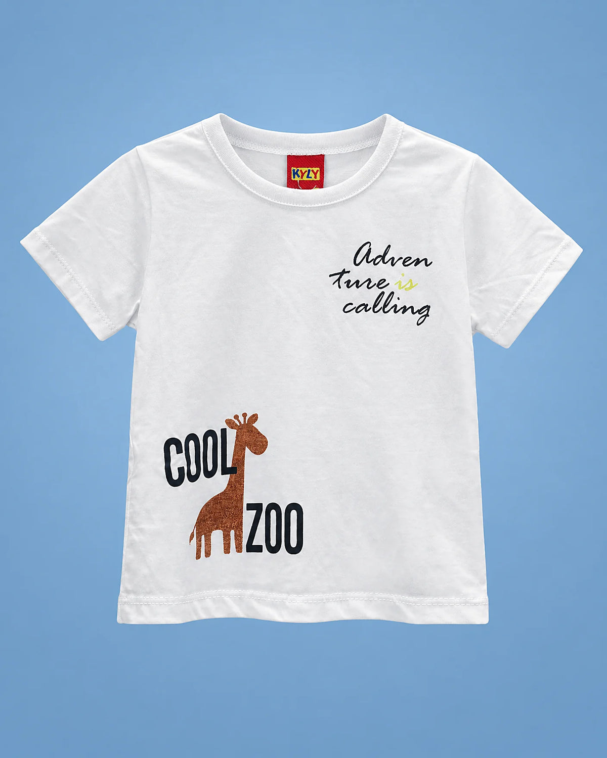 Conjunto de camiseta blanca Cool Zoo con jirafa y short azul para bebé niño, camiseta de frente | JR Baby Center
