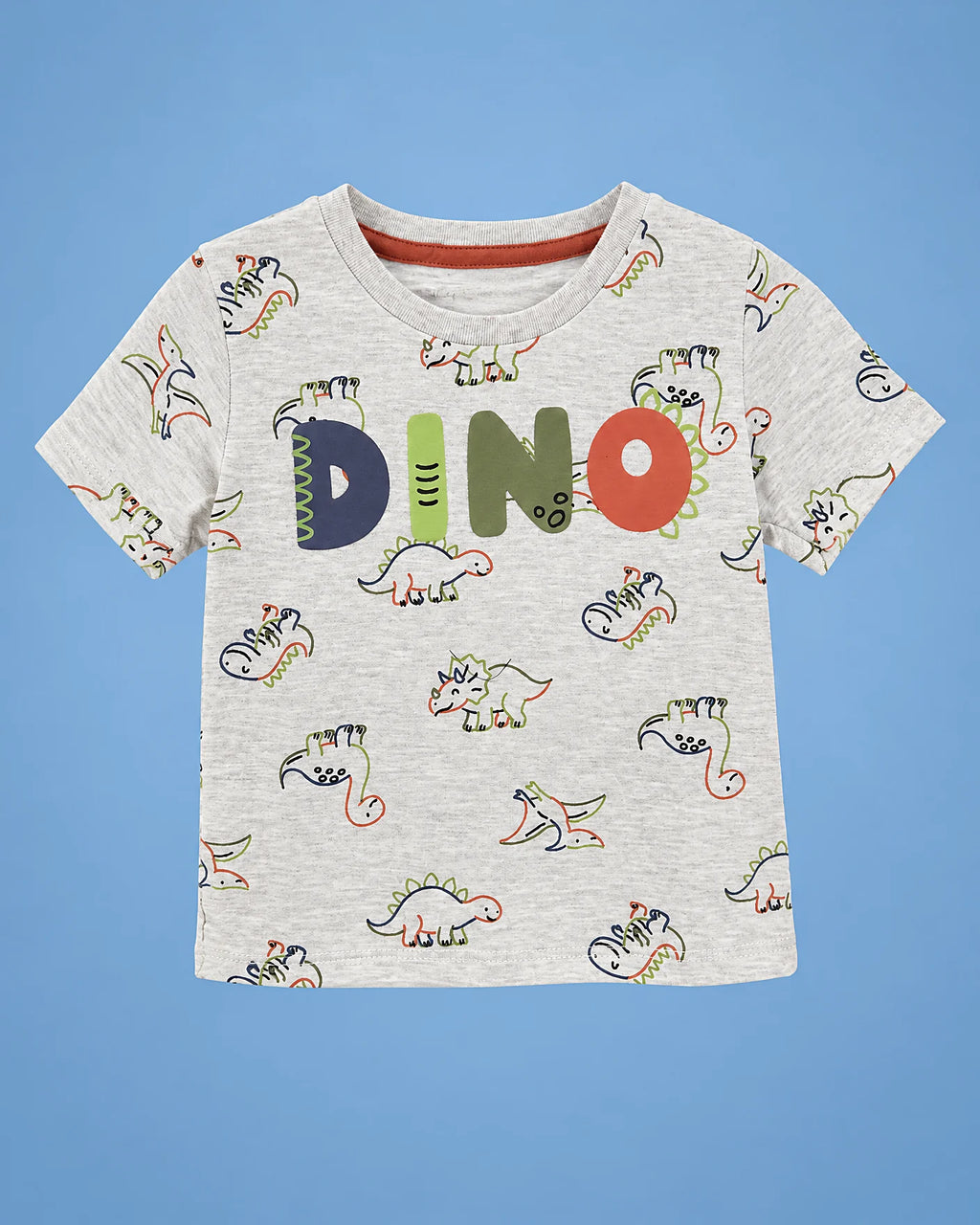 Conjunto de camiseta gris DINO y short naranja para bebé niño, camiseta de frente | JR Baby Center