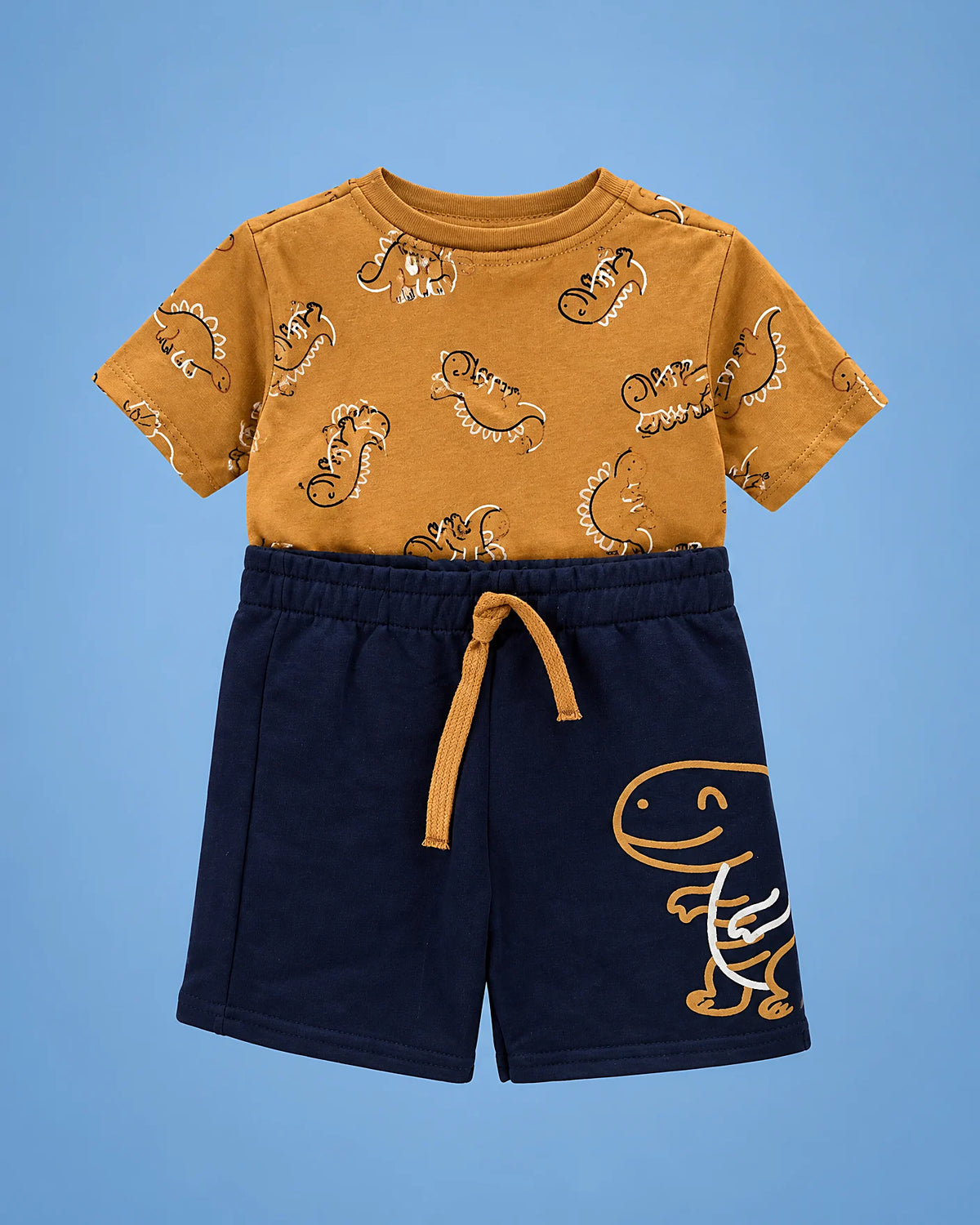 Conjunto de camiseta mostaza DINO y short azul marino para bebé niño, set completo, vista de espalda | JR Baby Center