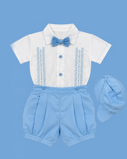Conjunto D'Vanty blanco y celeste con corbatín para bebé niño | JR Baby Center