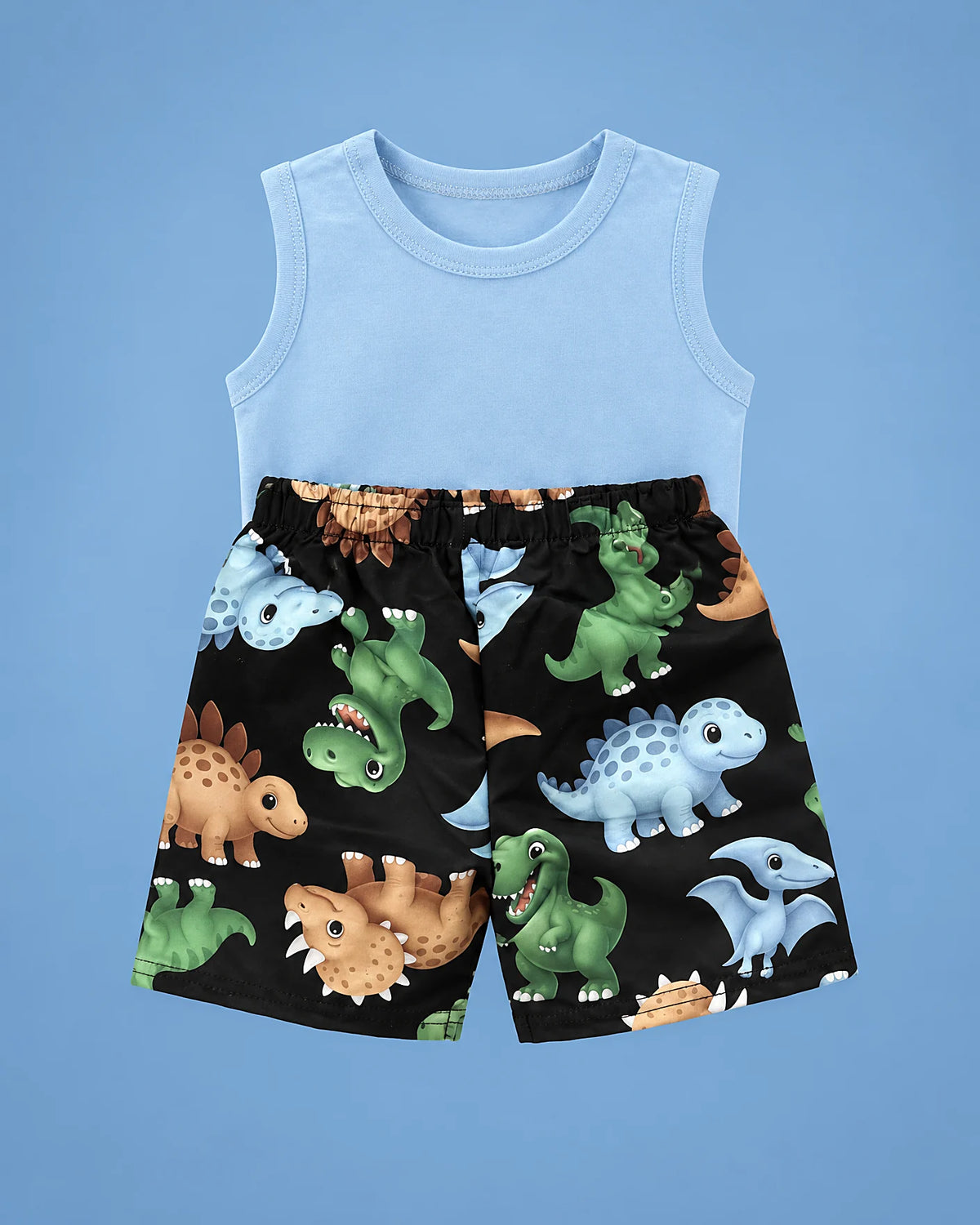 Conjunto de camisilla celeste Dino Adventure y short negro para bebé niño, set completo, vista de espalda | JR Baby Center