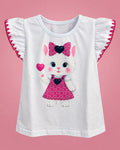 Conjunto de blusa blanca con gatita y bombacho fucsia para bebé niña, blusa vista de frente | JR Baby Center