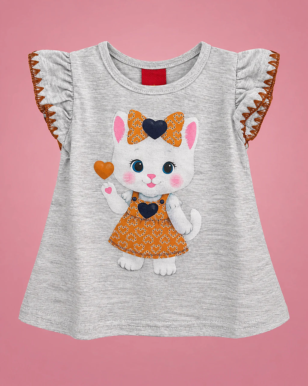 Conjunto de blusa gris con gatita y bombacho mostaza para bebé niña, blusa vista de frente | JR Baby Center
