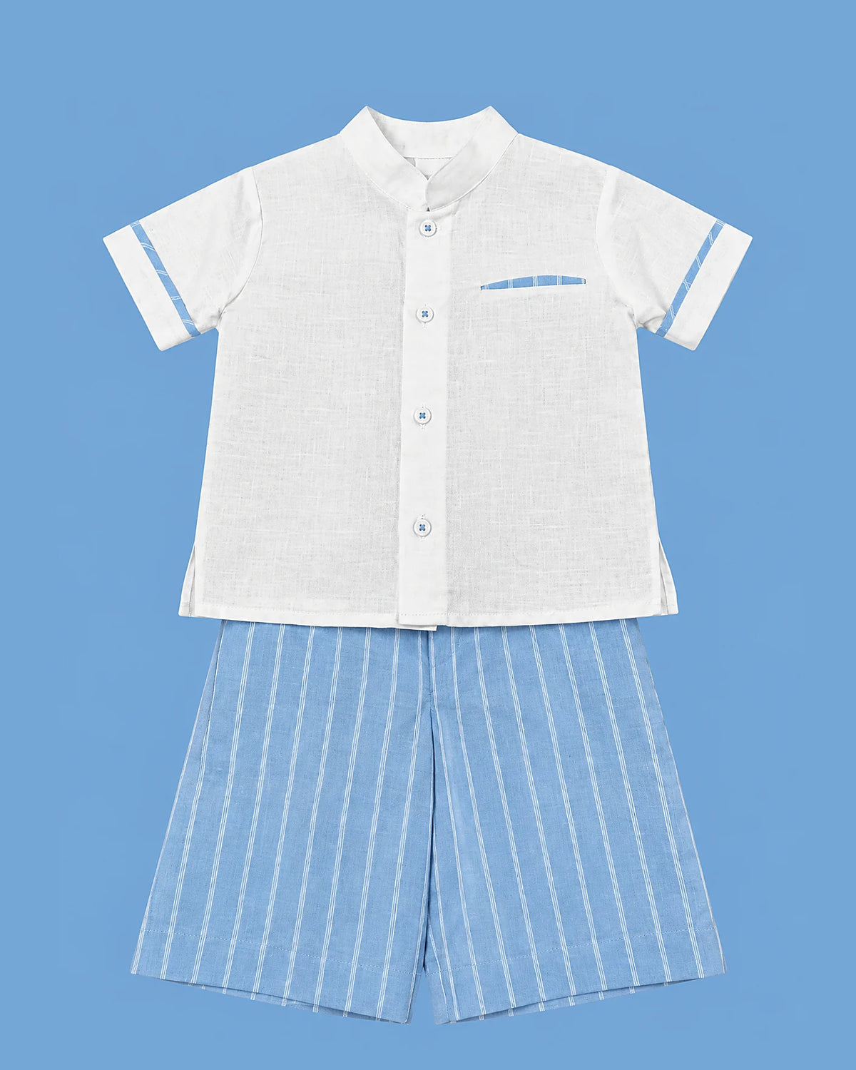Conjunto Karela Kids blanco y celeste a rayas para niño | JR Baby Center