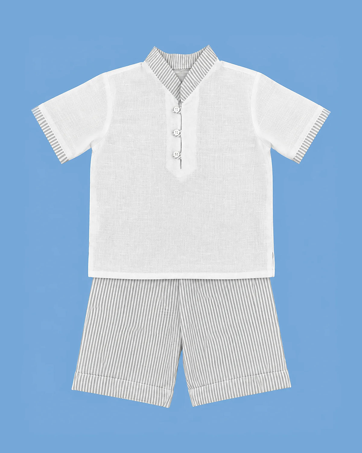 Conjunto Karela Kids blanco y gris a rayas para niño | JR Baby Center