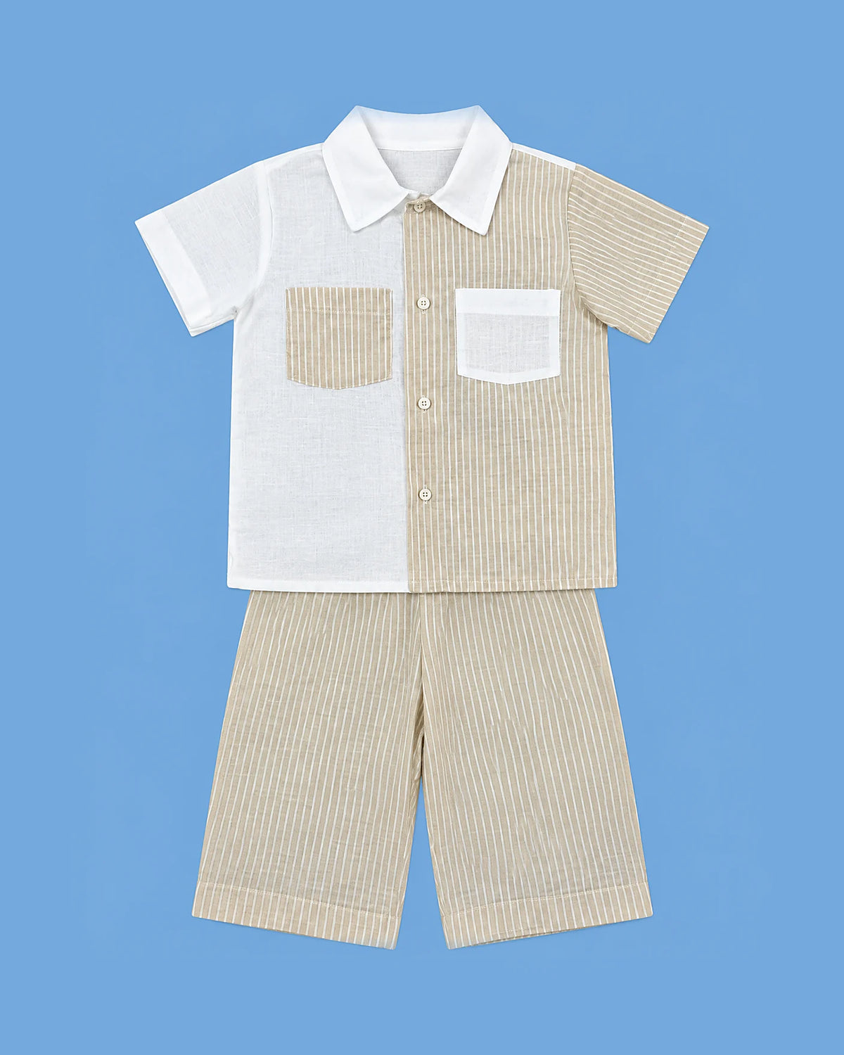 Conjunto Karela Kids de camisa blanca y beige a rayas para niño | JR Baby Center