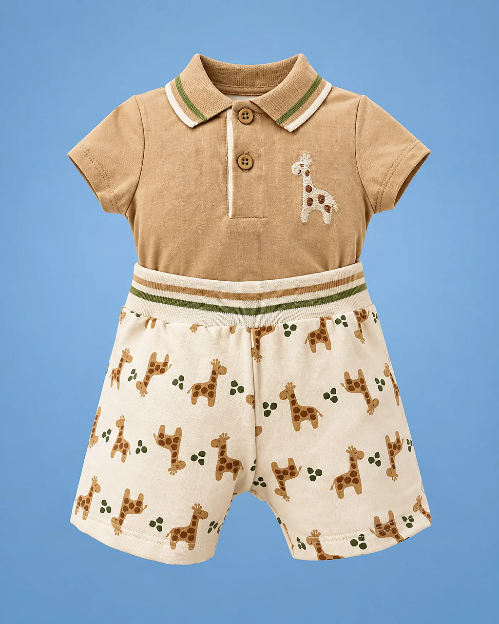 Conjunto de polo camel con jirafa y short crema con jirafas para bebé niño, vista de frente | JR Baby Center