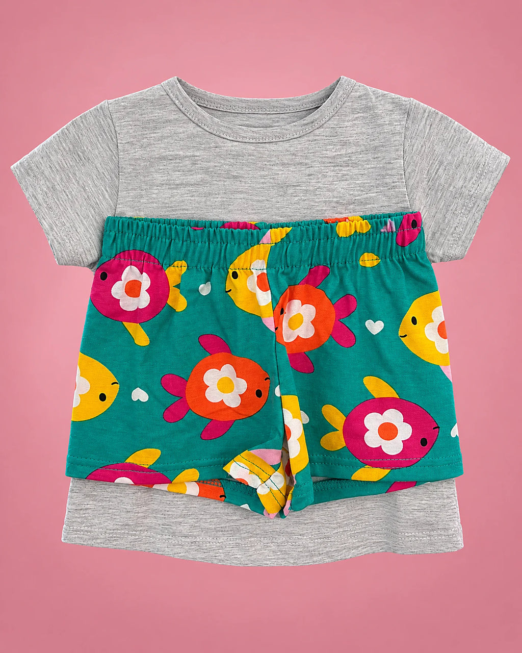 Conjunto gris con sirenita y short verde con peces para bebé niña, set completo | JR Baby Center