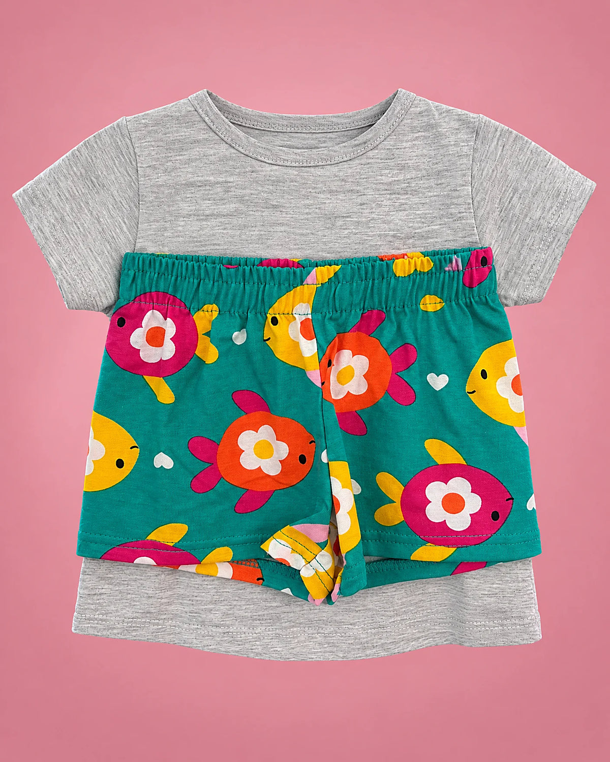 Conjunto gris con sirenita y short verde con peces para bebé niña, set completo | JR Baby Center