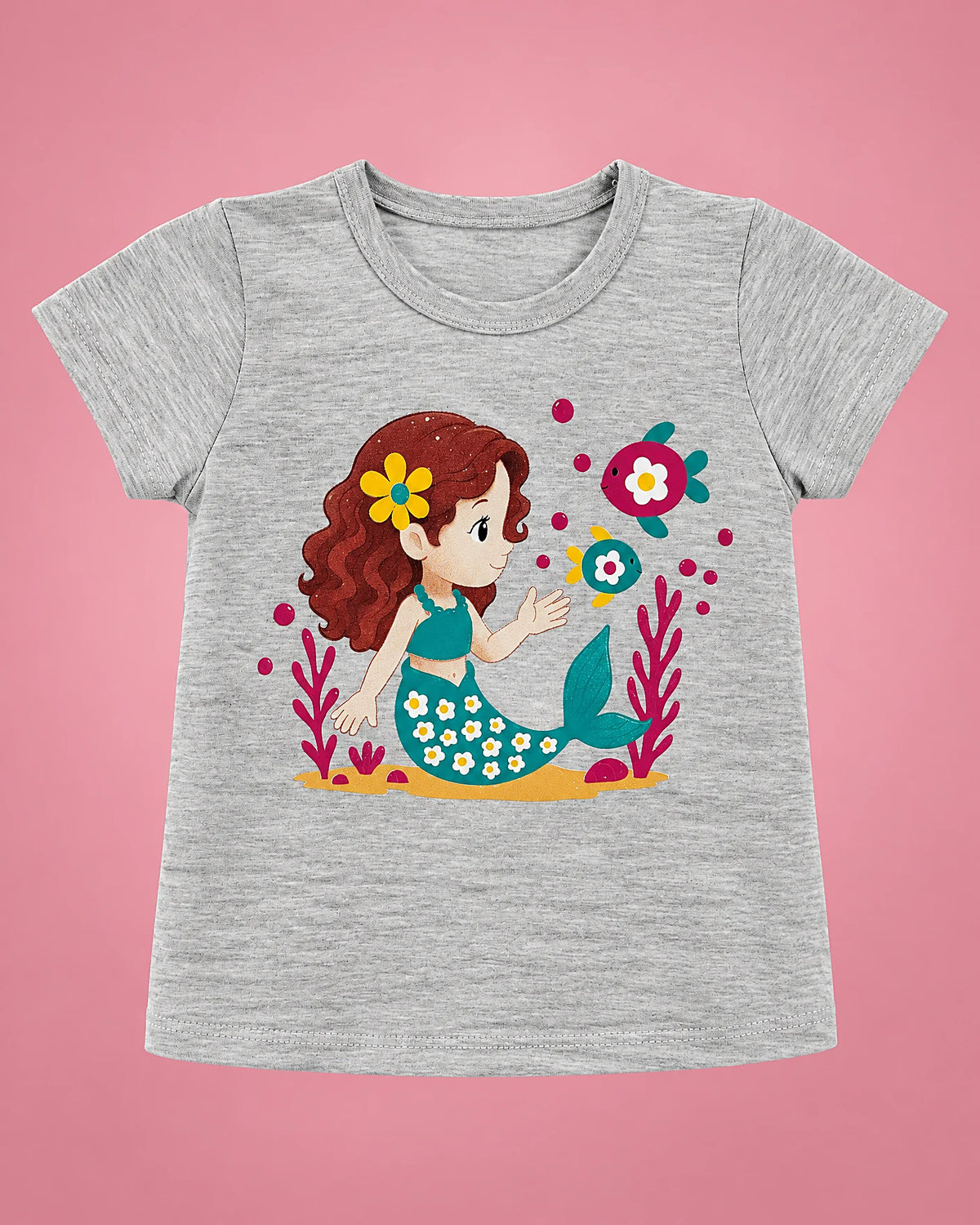 Conjunto gris con sirenita y short verde con peces para bebé niña, camiseta vista de frente | JR Baby Center