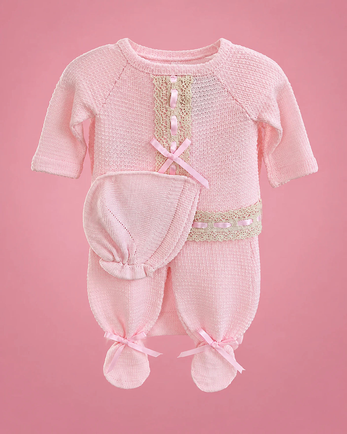 Conjunto tejido a mano rosado para recién nacida, set completo | JR Baby Center
