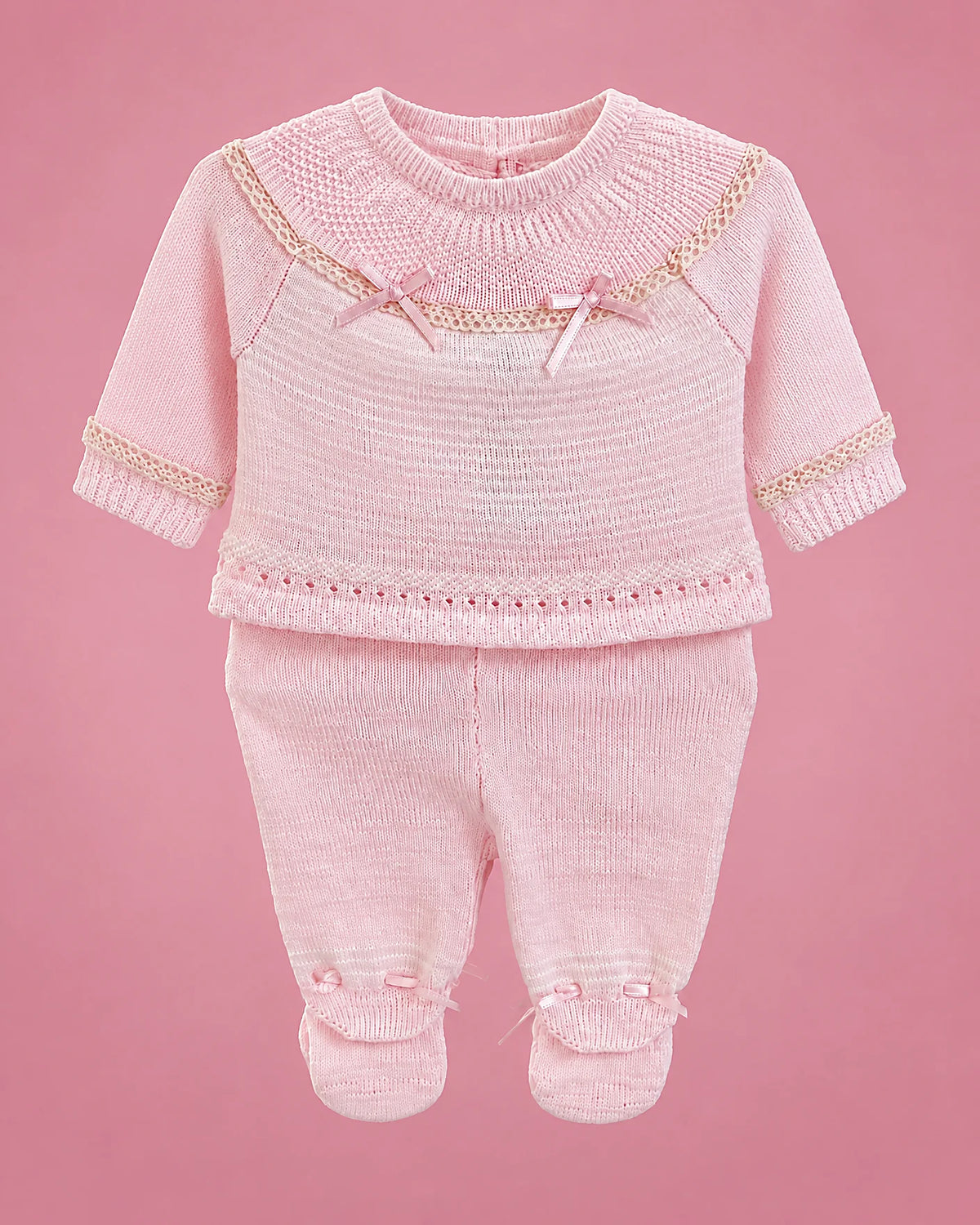Conjunto tejido a mano rosado de lacitos para recién nacida, set completo | JR Baby Center