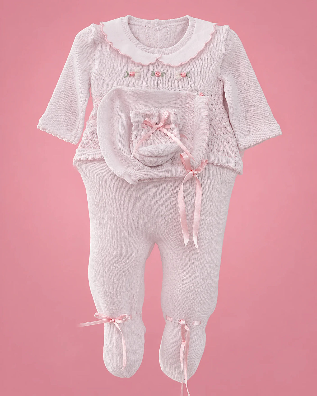 Conjunto tejido a mano de rositas para recién nacida, set completo | JR Baby Center