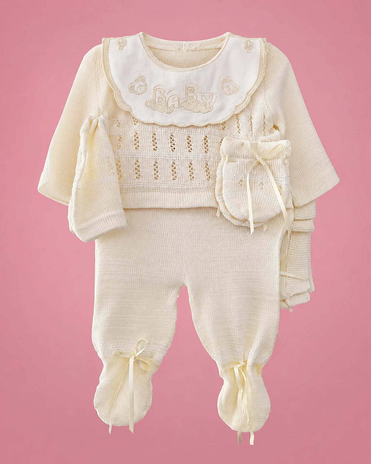 Conjunto tejido a mano crema para recién nacida, set completo | JR Baby Center