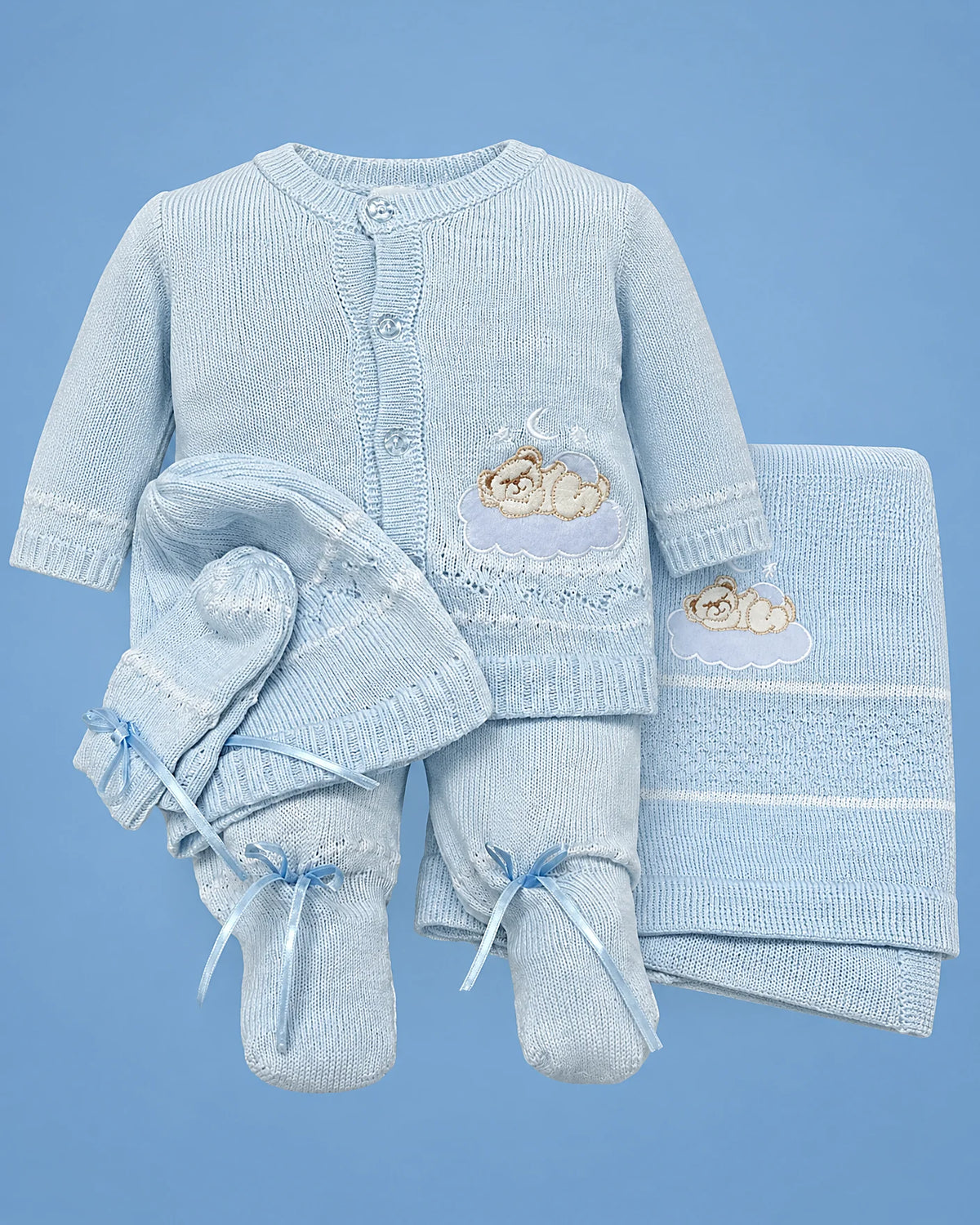Conjunto tejido a mano celeste para recién nacido, set completo | JR Baby Center