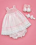 Conjunto tejido a mano rosado con encaje para recién nacida | JR Baby Center