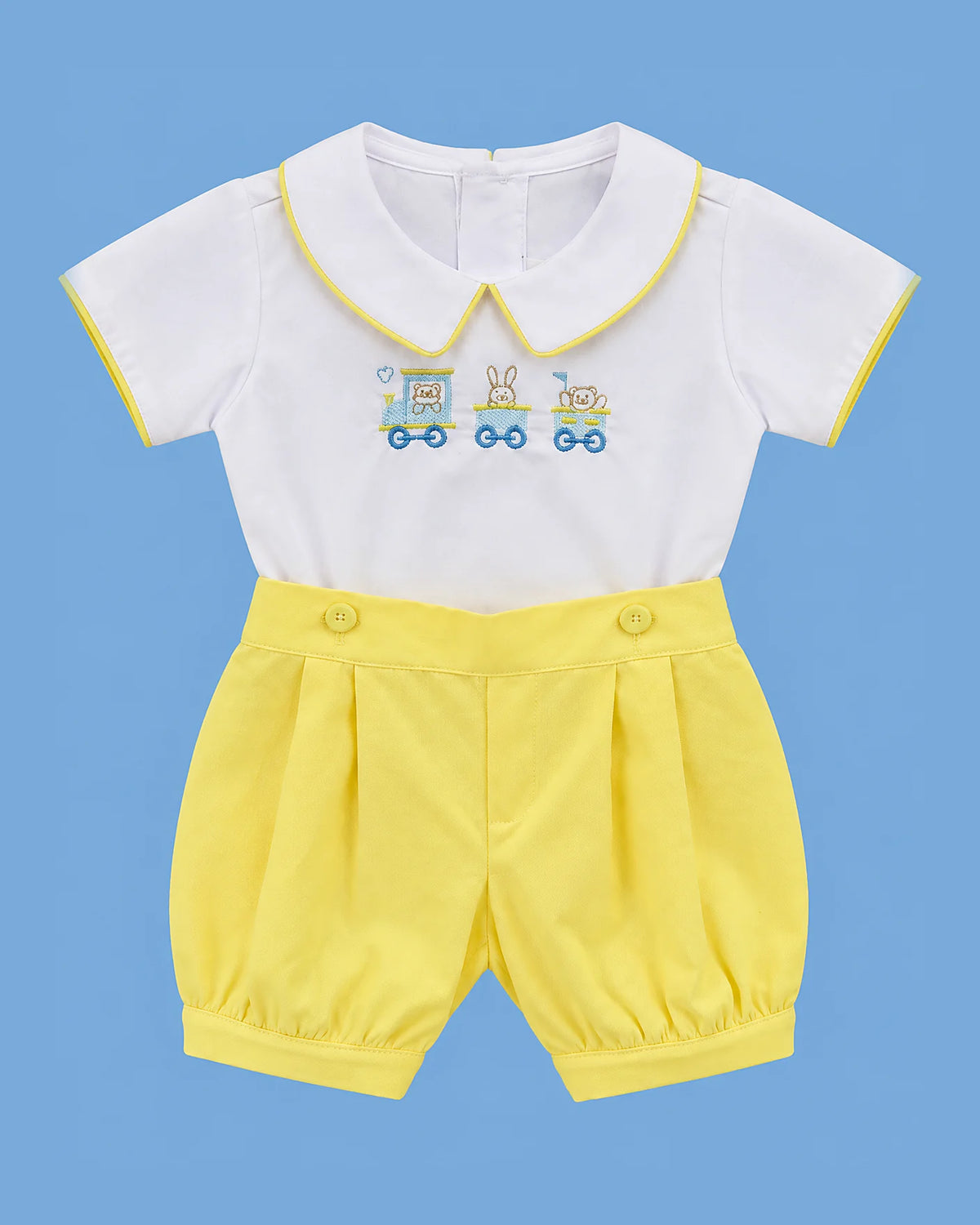 Conjunto Will'beth blanco y amarillo con trencito para bebé niño | JR Baby Center