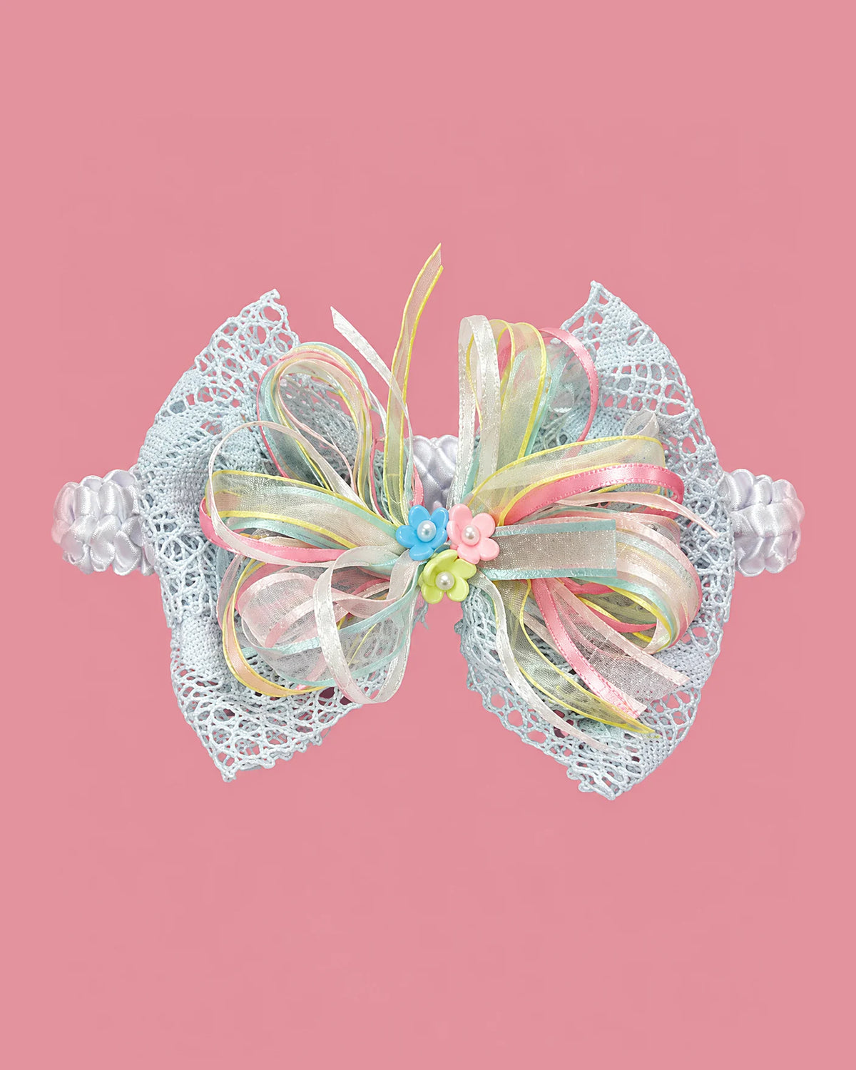 Diadema de lazo de encaje con cintas pastel | JR Baby Center