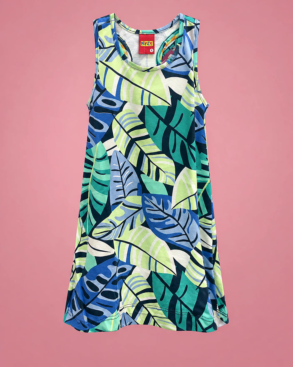 Vestido sin mangas con hojas tropicales azules y verdes para niña, vista de frente | JR Baby Center