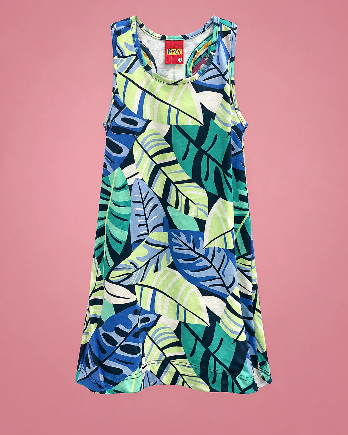 Vestido sin mangas con hojas tropicales azules y verdes para niña, vista de frente | JR Baby Center